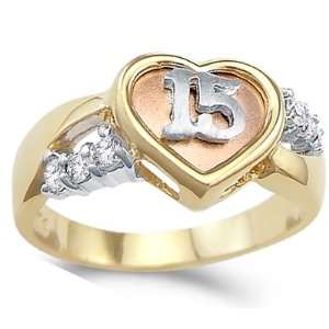 Heart Quinceanera Ring CZ 14k Yellow Gold 15 Birthday Cubic Zirconia 