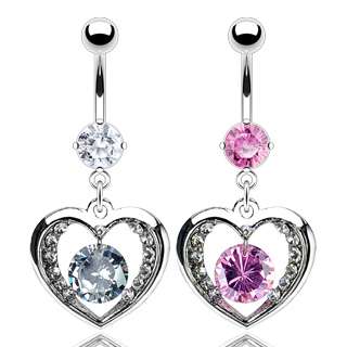Surgical Stainless Steel Large Dangling CZ Heart Navel Ring (Pink or 