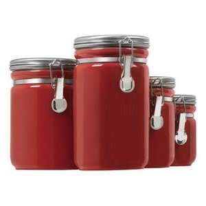   Hocking 4 Piece Red Ceramic Clamp Top Canister Set