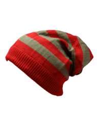 Red & Grey Striped Slouch Knit Beanie Hat & Neck Warmer