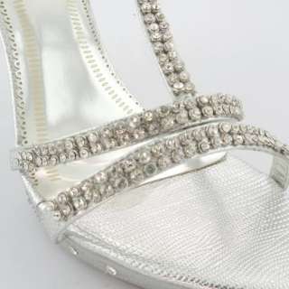 Womens Evening High Heel T Strap Sandals w/ Rhinestones Silver Size 5 