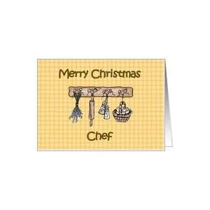 Merry Christmasto chef with rolling pin, eggs, salt & pepper, herbs 