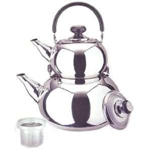 18/10 STAINLESS STEEL TURKISH SAMOVAR STYLE DOUBLE TEA KETTLE & POT 