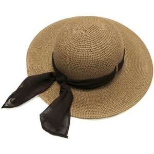  Straw Hat with Chiffon Ribbon Sun wide Brim Hat Vacation 