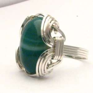 New Wire Wrap Green Sardonyx Silver Ring   