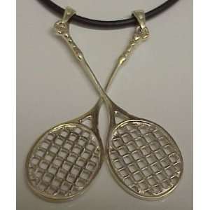  Sterling Silver Tennis Racquet 18 Inch Black Cord Necklace 